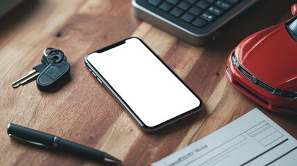 A white-screen phone lies on the table next to car keys, a calculator, a contract, a pen, and a red toy car. Phone mockup. The concept of leasing, renting, or selling a car. Mobile App