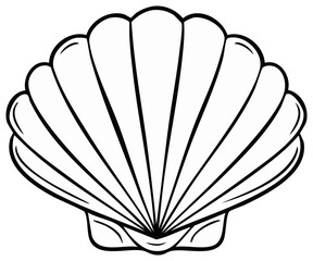 Simple scallop seashell line art illustration, black and white clam shell graphic icon