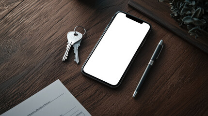 A stylish phone with an empty white screen lies on the desk next to a bunch of keys, a pen and a sheet of the contract of sale of the object. A phone mockup for the presentation of a mobile app