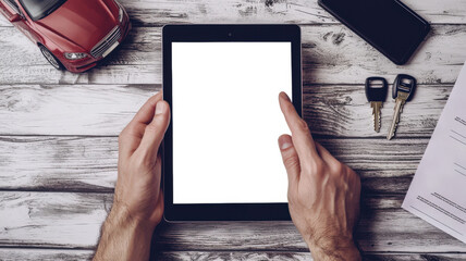 Car insurance. Mockup of a tablet for the presentation of a website about car leasing. A man holds a tablet with a white screen on a stylish wooden table next to the documents for the car, keys