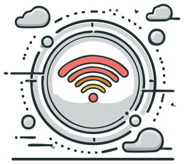 Abstract WiFi signal icon illustration with network lines and cloud shapes representing global digital connectivity
