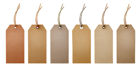Six blank kraft paper tags with string isolated on transparent background