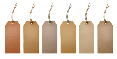 Six blank kraft paper tags with string isolated on transparent background