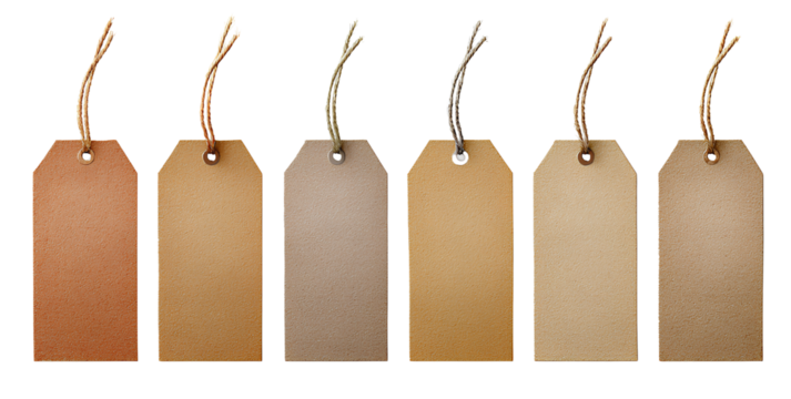 Six blank kraft paper tags with string isolated on transparent background