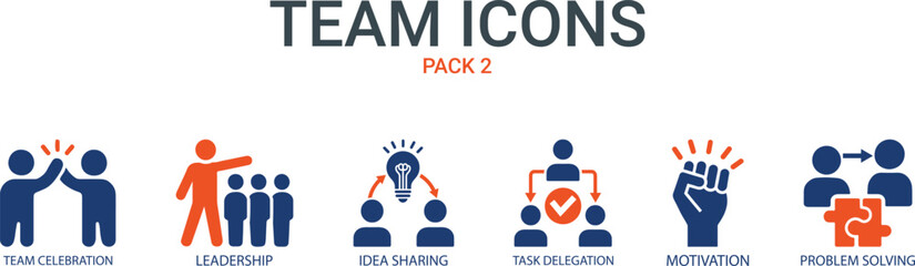 Teamwork Icons Set – Vector Illustration of Leadership, Idea Sharing, Team Celebration, Collaboration, and Business Success