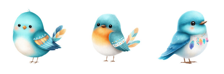 Cute baby bluebirds with pastel feathers tribal boho style, showcasing vibrant colors and charming expressions., isolate on transparent background