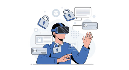 Virtual reality and digital security concept illustration with a person wearing a VR headset surrounded by digital elements and security icons, representing data protection
