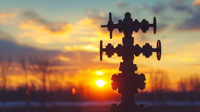 Silhouette of wellhead in oilfield - sunset
