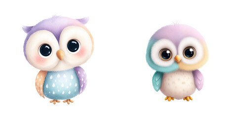 Fototapeta premium Cute baby owls with pastel feathers in whimsical style, showcasing their big eyes and charming expressions., isolate on transparent background