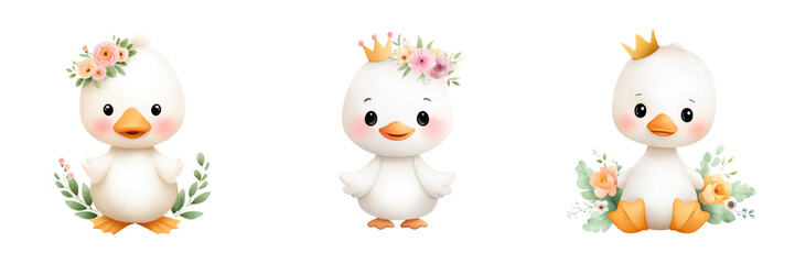 Fototapeta premium Cute baby swans adorned with pastel florals and tiny crowns, radiating joy and charm., isolate on transparent background