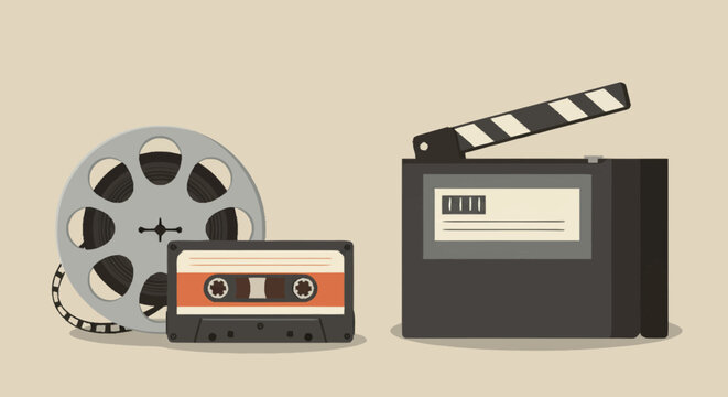 Vector illustration featuring a classic collection of retro media elements, including a film reel, an audio cassette tape, and a movie clapperboard