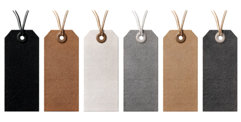 Set of six blank rectangular gift tags with string isolated on transparent background