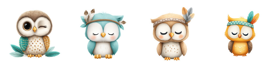 Cute owl characters with boho feathers and sleepy expressions create whimsical atmosphere., isolate on transparent background