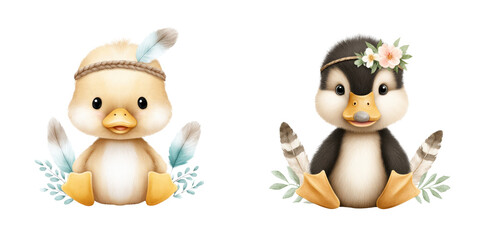 Fototapeta premium Cute baby platypuses in boho lake scene with feathers, showcasing their playful and joyful expressions., isolate on transparent background