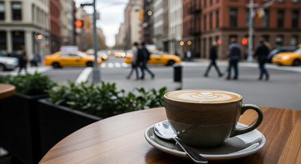Cappuccino with latte art on a cafe table overlooking a busy city street with yellow taxis and pedestrians crossing