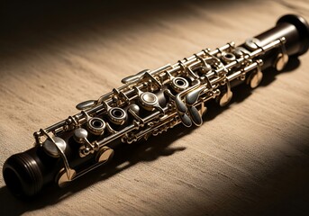 Obraz premium Elevated oboe artistry, highlighted on neutral backdrop, precise elegance