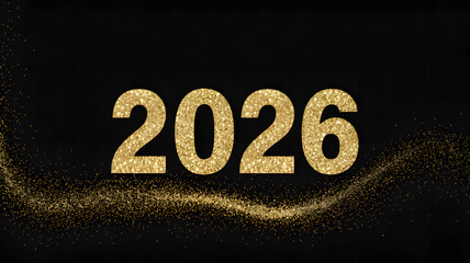 Elegant gold glitter "2026" announcement with dynamic sparkling particles for celebration and future