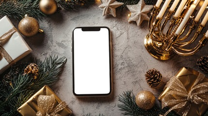 A phone mockup to advertise an invitation to celebrate a religious Jewish holiday, Hanukkah. A white-screen phone is lying on a table with Christmas decorations