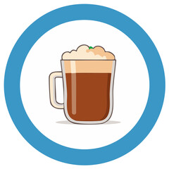 Stylized Coffee Glass Illustration with Brown Liquid and Creamy Foam in a Blue Circle