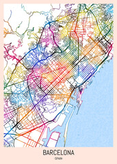 Obraz premium Barcelona Spain City Map. downtown printable Landmarks print painting, travel art banner modern city, urban city art, background abstract