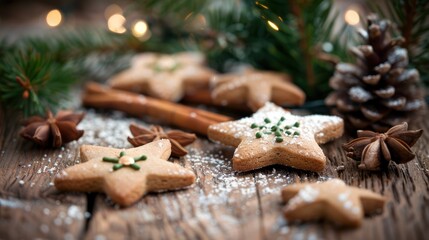 Decorative Christmas Cookies with Green Icing and Powdered Sugar on Rustic Wooden Surface