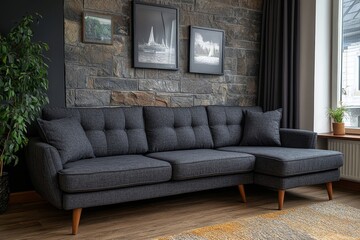 Naklejka premium Grey corner sofa against stone cladding wall. Mid century home interior design of modern living room, Generative AI