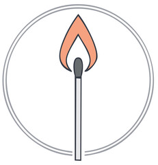 Burning match with orange flame inside a circle, vector illustration.
