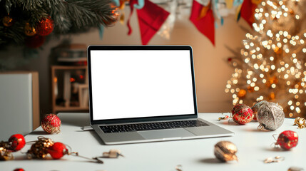 There is an open laptop with an empty screen on the table in a Christmas setting. Laptop mockup. The concept of a holiday and a new year. Online shopping