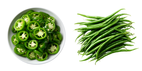 Sliced jalapeno peppers and green beans isolated on transparent background