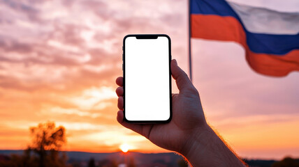 A man is holding a white-screen phone against a sunset sky with the Russian flag fluttering in the wind. Phone mockup. Independence Day of Russia