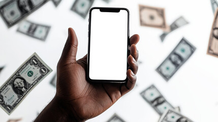 Close-up of a hand holding a cell phone at the moment of winning a large sum of money in the lottery. Phone mockup. Cash dollars are flying and falling down