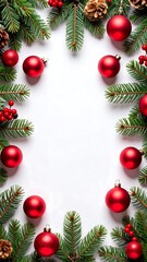 Christmas frame with red ornaments and pine branches