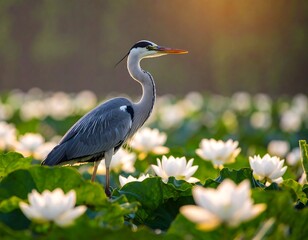 Fototapeta premium Heron amidst lotus flowers at dawn