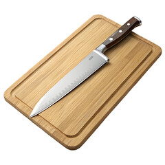 A sharp kitchen knife rests on a wooden cutting board, ready for use