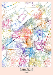 Damascus Syria City Map. downtown printable Landmarks print painting, travel art banner modern city, urban city art, background abstract