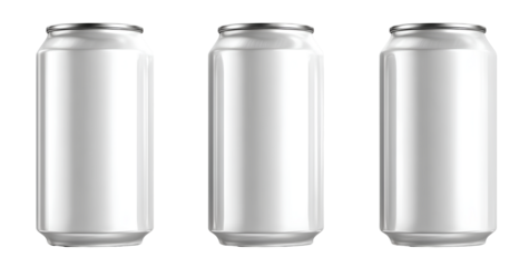 Three blank white aluminum soda cans isolated on transparent background