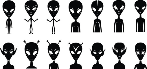 Alien silhouettes, black icons, extraterrestrial figures, sci-fi characters, vector illustration, humanoid aliens, fantasy design, graphic concept, space theme, unique style