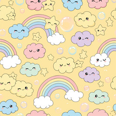 Naklejka premium Seamless pattern featuring cute clouds, rainbows, stars, and bubbles illustration, seamless pattern, Stock royalty.