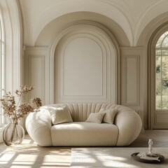 Luxury furniture in classic room with arched doorways. Art deco style home interior design of modern living room, Generative AI