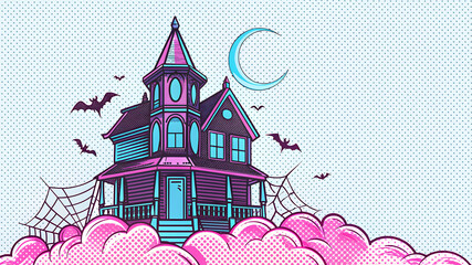 Obraz premium Haunted mansion bats crescent moon pink clouds halloween haunted house