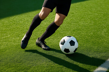 Close up action shot of soccer player legs dribbling ball on green field during game training match