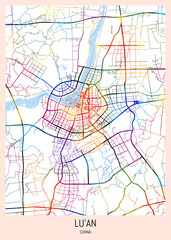Lu'An China City Map. downtown printable Landmarks print painting, travel art banner modern city, urban city art, background abstract
