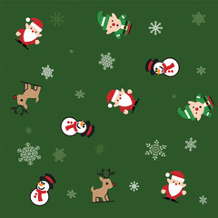 Festive seamless pattern featuring Santa Claus, snowmen, elves, reindeer, and snowflakes on green background. Perfect for Christmas wrapping, decoration, and holiday design.