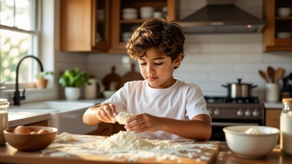 Boy measuring flour for baking on wooden counter, focused on task. Cooking involves ingredients, preparing for creative baking. Concept of boy measuring flour for baking in kitchen.