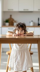Child peeking out from under table, hiding in modern kitchen. Concept of child peeking out from under table captures playful innocence and curiosity.