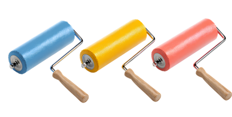 Three colorful paint rollers with wooden handles isolated on transparent background