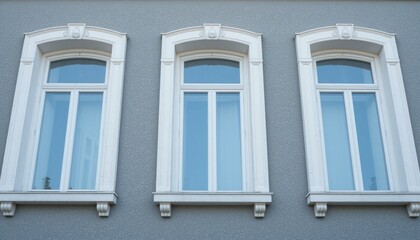 Fototapeta premium Three Ornate White Framed Windows on a Gray Wall (185