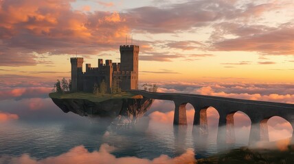 A majestic castle perched on a floating island, connected by an ancient stone bridge to another landmass, at sunset