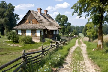 Fototapeta premium Cobblestone road leading to charming wooden house in Sanok Skansen, Poland