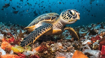 Obraz premium Sea turtle swimming among colorful plastic waste underwater in polluted ocean environment